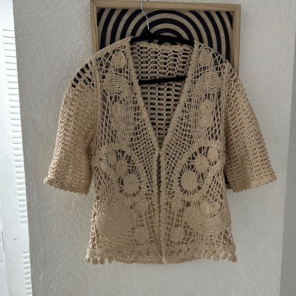 Chico's Tan Crochet Vest with Intricate Design